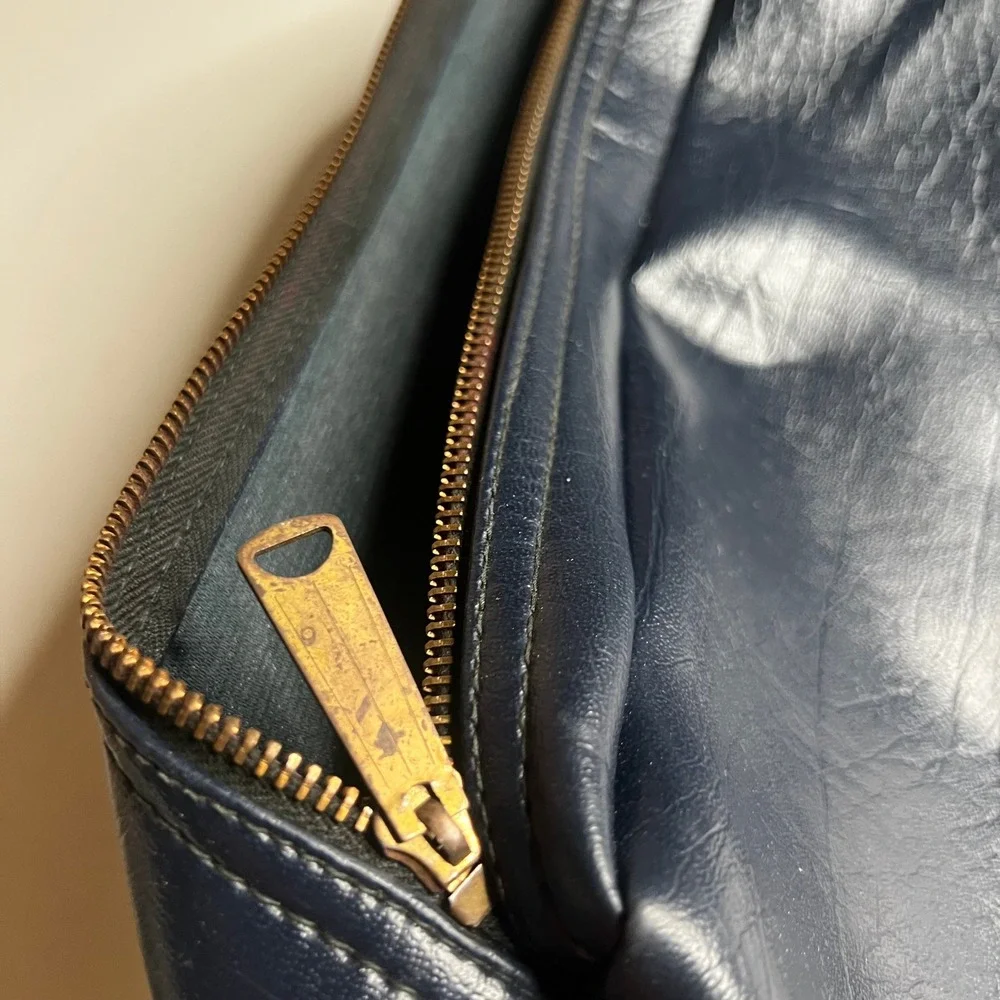 Vintage 70s Navy Blue Faux Leather Briefcase Zippered Document Bag Laptop Case
